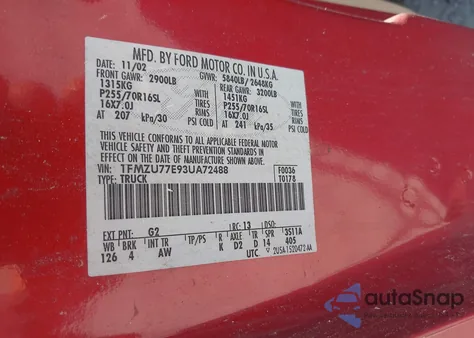 2003 Ford Explorer Sport Trac Xls/Xlt из США, поврежденный, VIN 1FMZU77E93UA72488